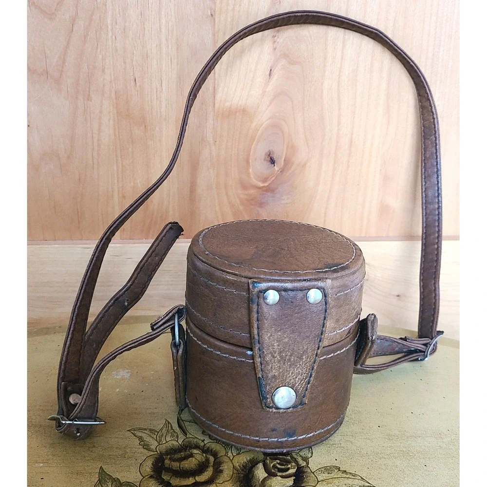 Vintage Brown Leather Camera Lens Carrying Case Adjustable Strap Retro Academia